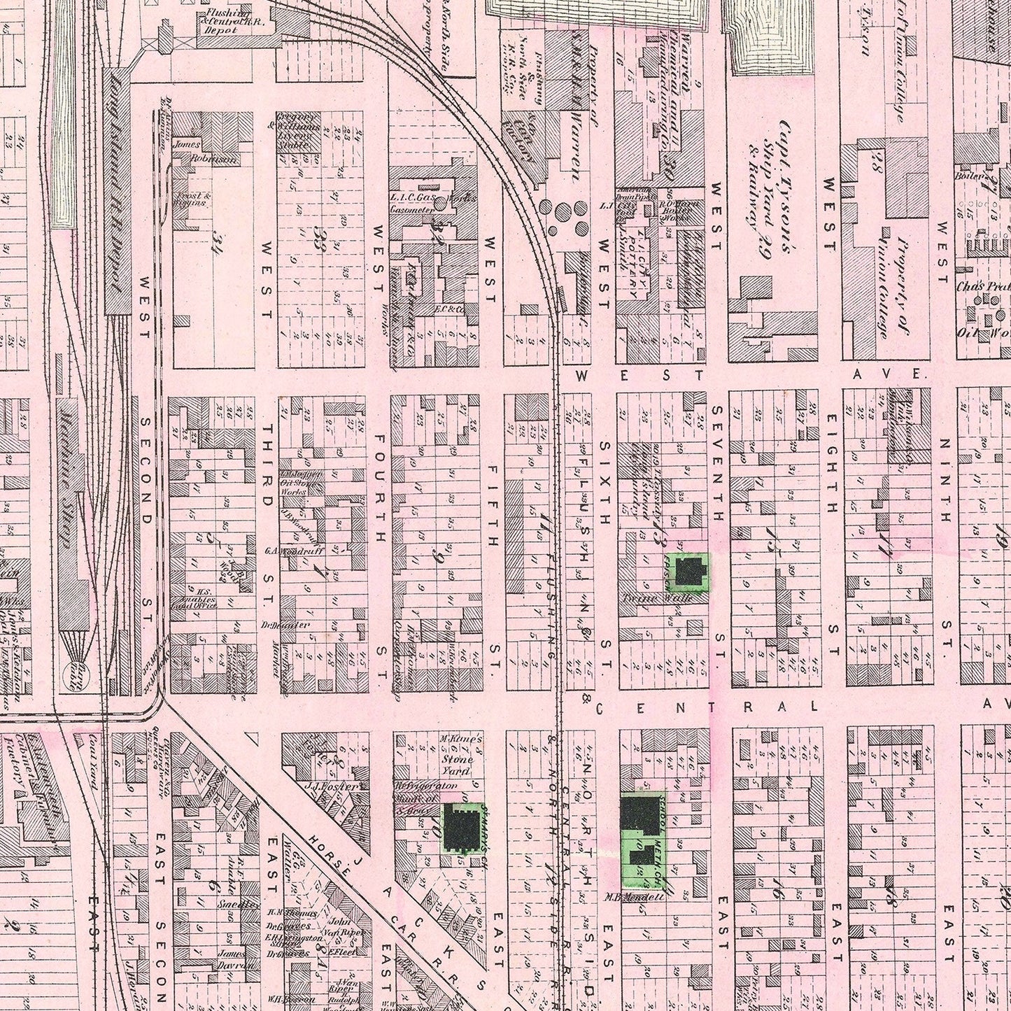 Vintage Map of Hunters Point, Queens, New York, 1873