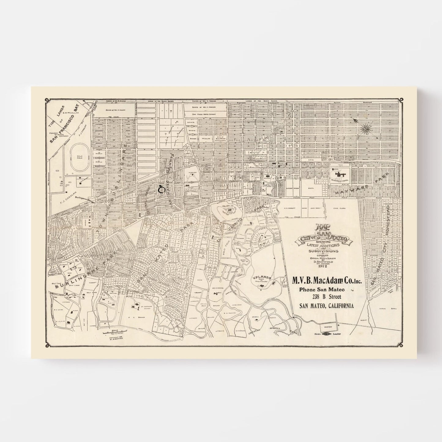 Vintage Map of San Mateo, California, 1912