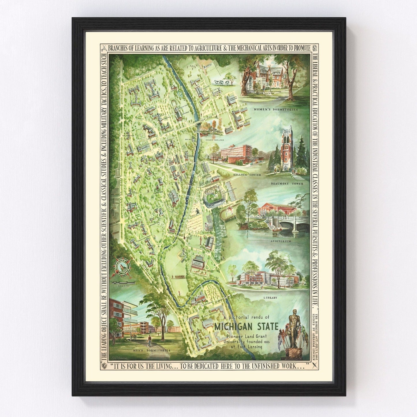vintage map of Michigan State University, East Lansing, 1955