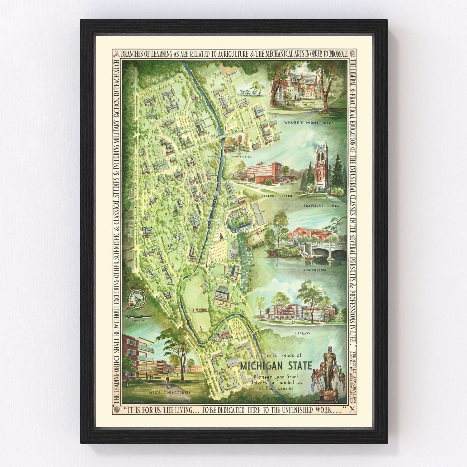 vintage map of Michigan State University, East Lansing, 1955