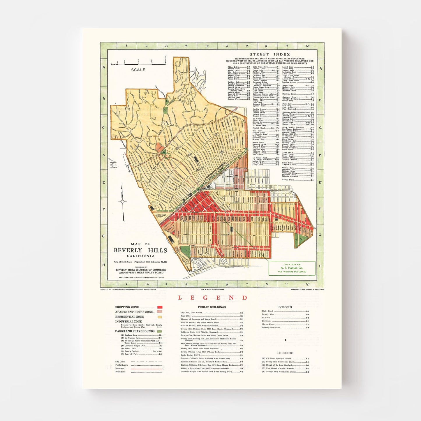Vintage Map of Beverly Hills, California, 1937