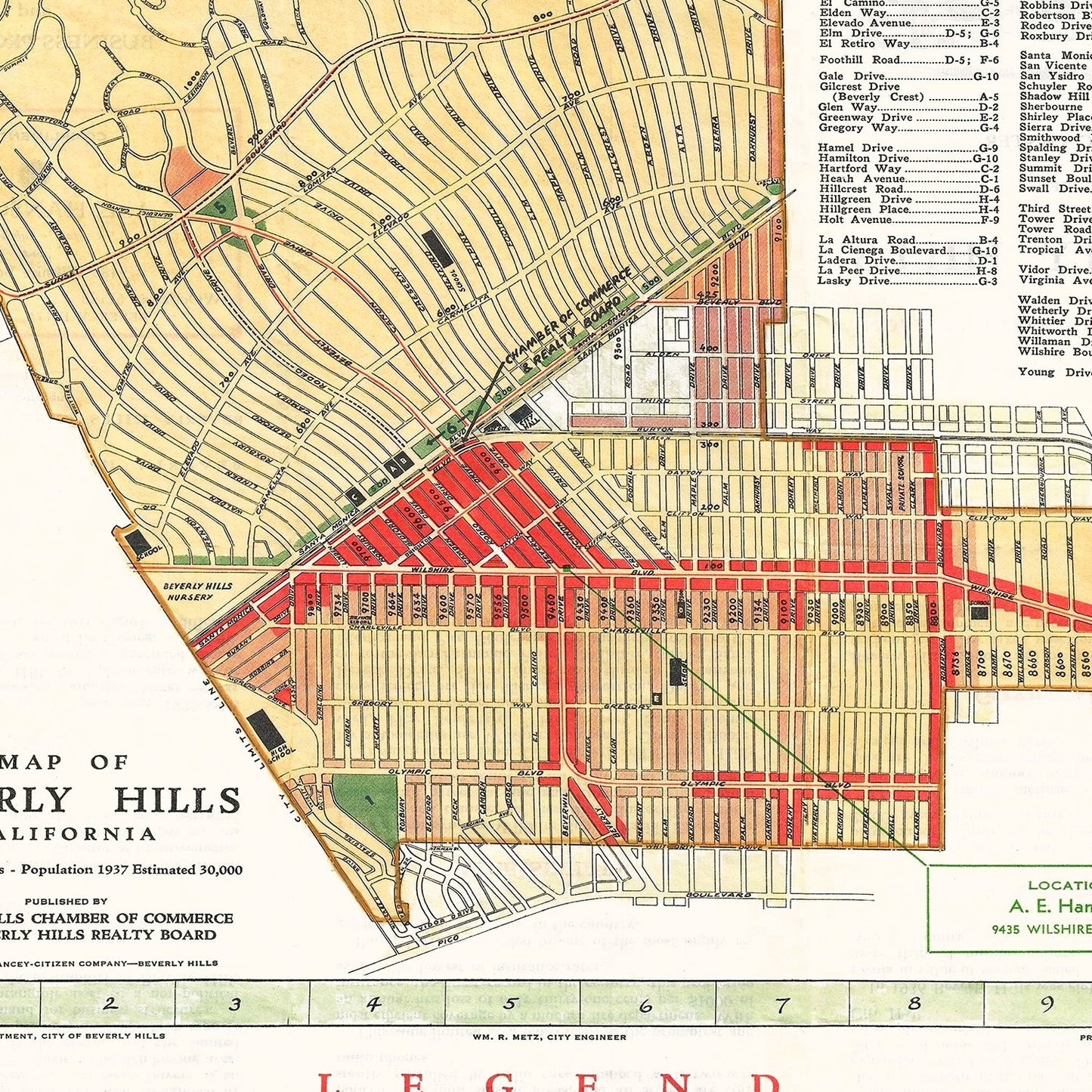 Vintage Map of Beverly Hills, California, 1937