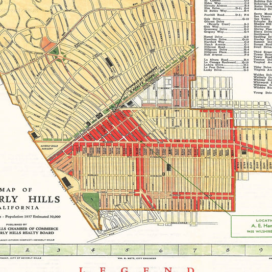 Vintage Map of Beverly Hills, California, 1937