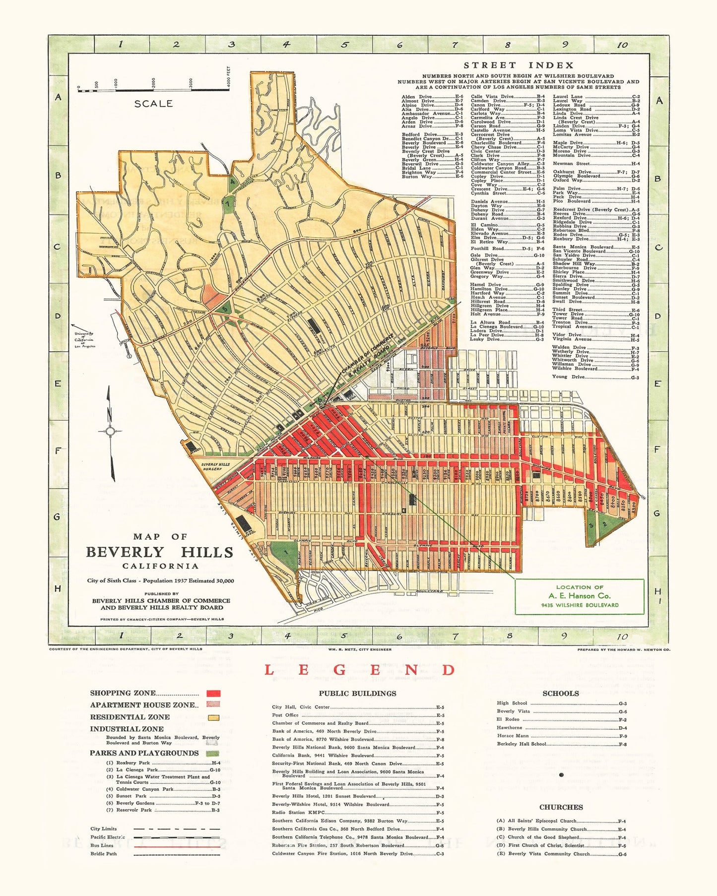 Vintage Map of Beverly Hills, California, 1937