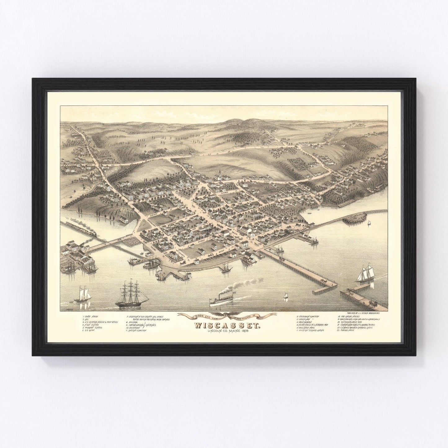 Vintage map of Wiscasset, Maine, 1878, Sheepscot River port town and coast