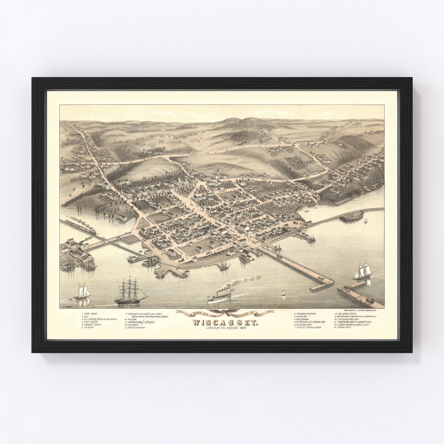 Vintage map of Wiscasset, Maine, 1878, Sheepscot River port town and coast