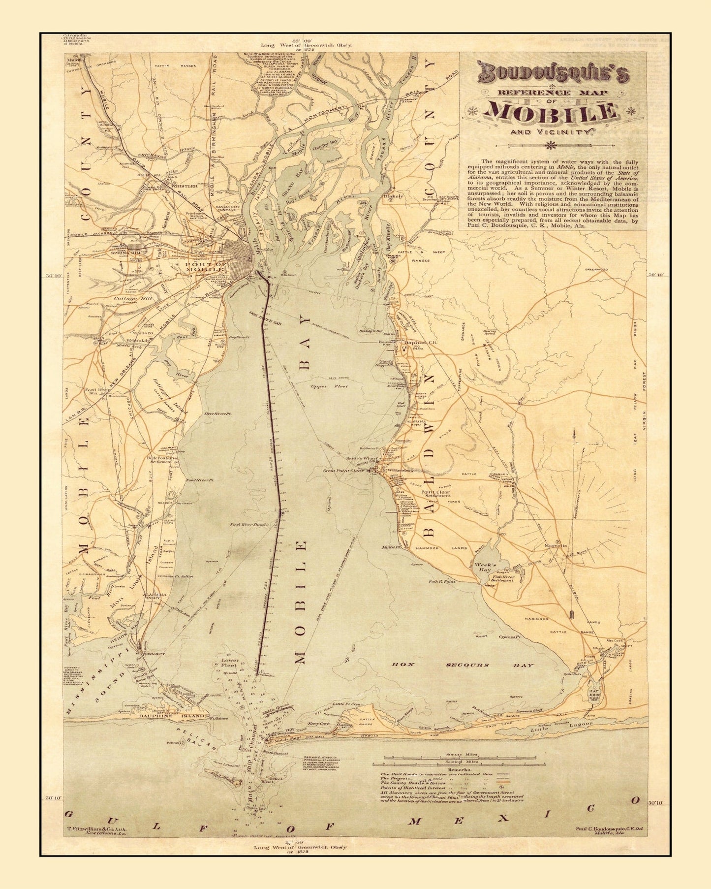 Vintage Map of Mobile, Alabama, 1889