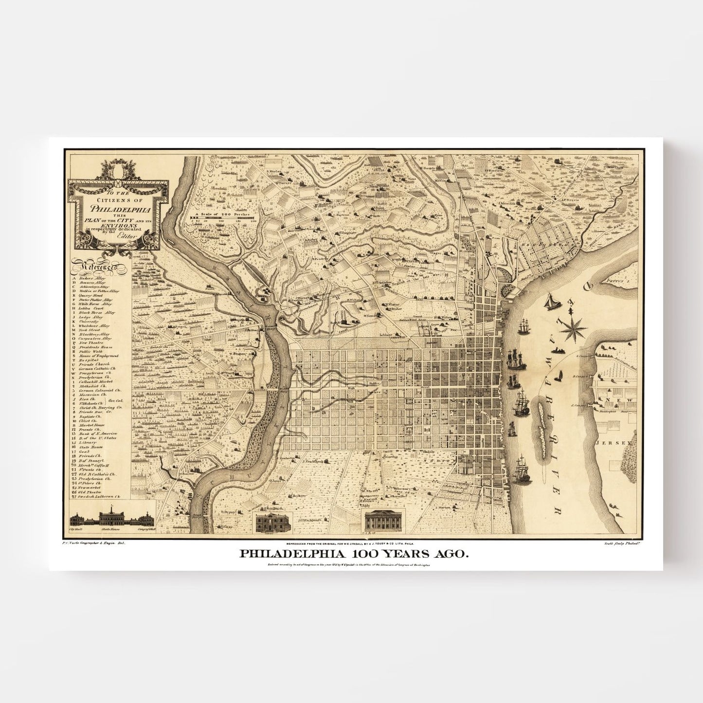 Vintage Map of Philadelphia, Pennsylvania, 1875