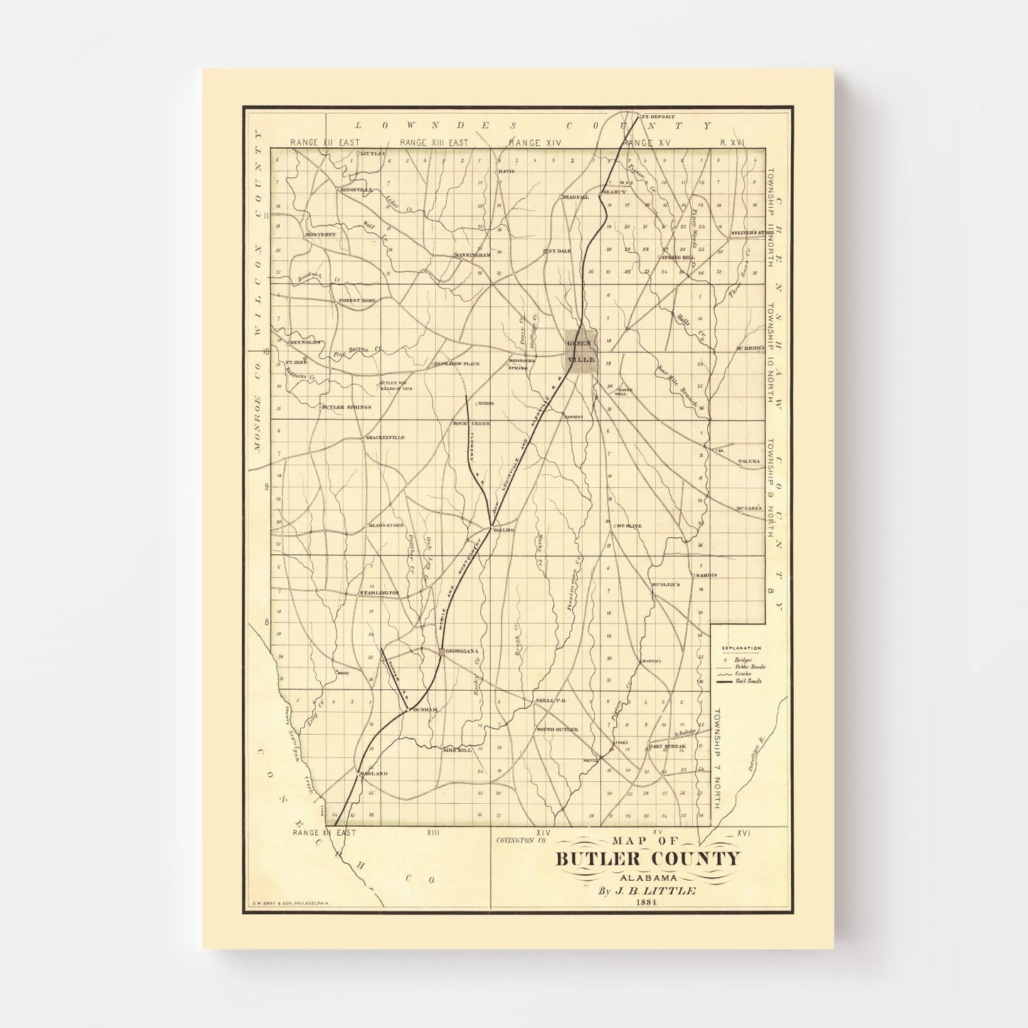Vintage Map of Butler County, Alabama, 1884 Wall Art