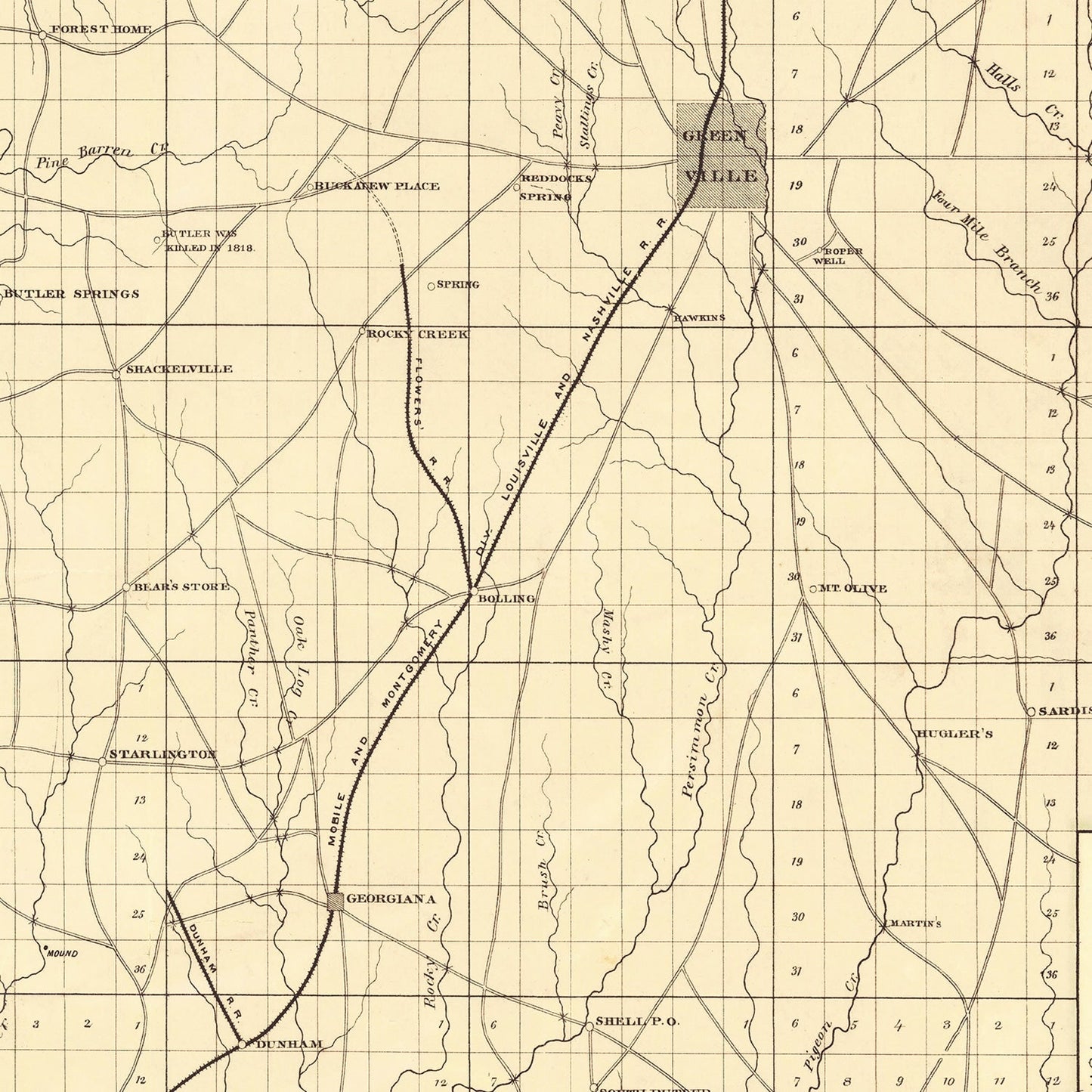 Vintage Map of Butler County, Alabama, 1884 Wall Art