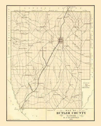 Vintage Map of Butler County, Alabama, 1884 Wall Art