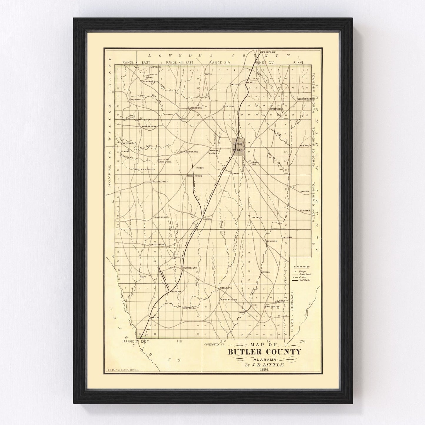 Vintage map of Butler County, Alabama, 1884, digitally restored