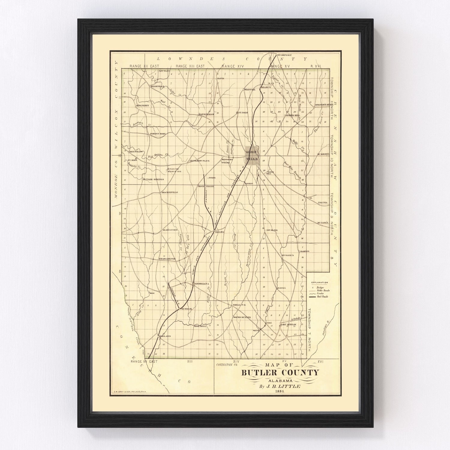 Vintage map of Butler County, Alabama, 1884, digitally restored