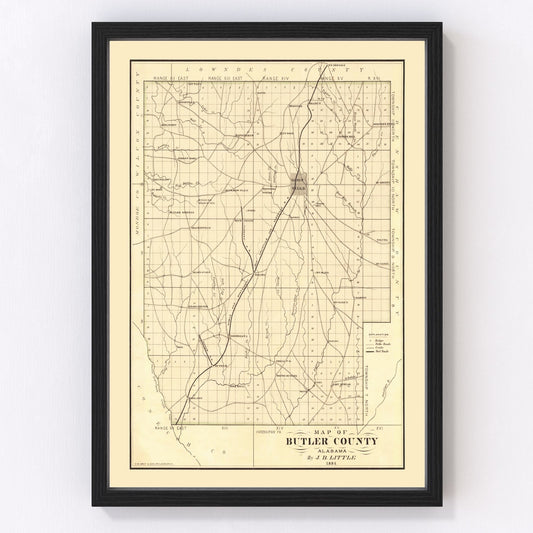 Vintage map of Butler County, Alabama, 1884, digitally restored