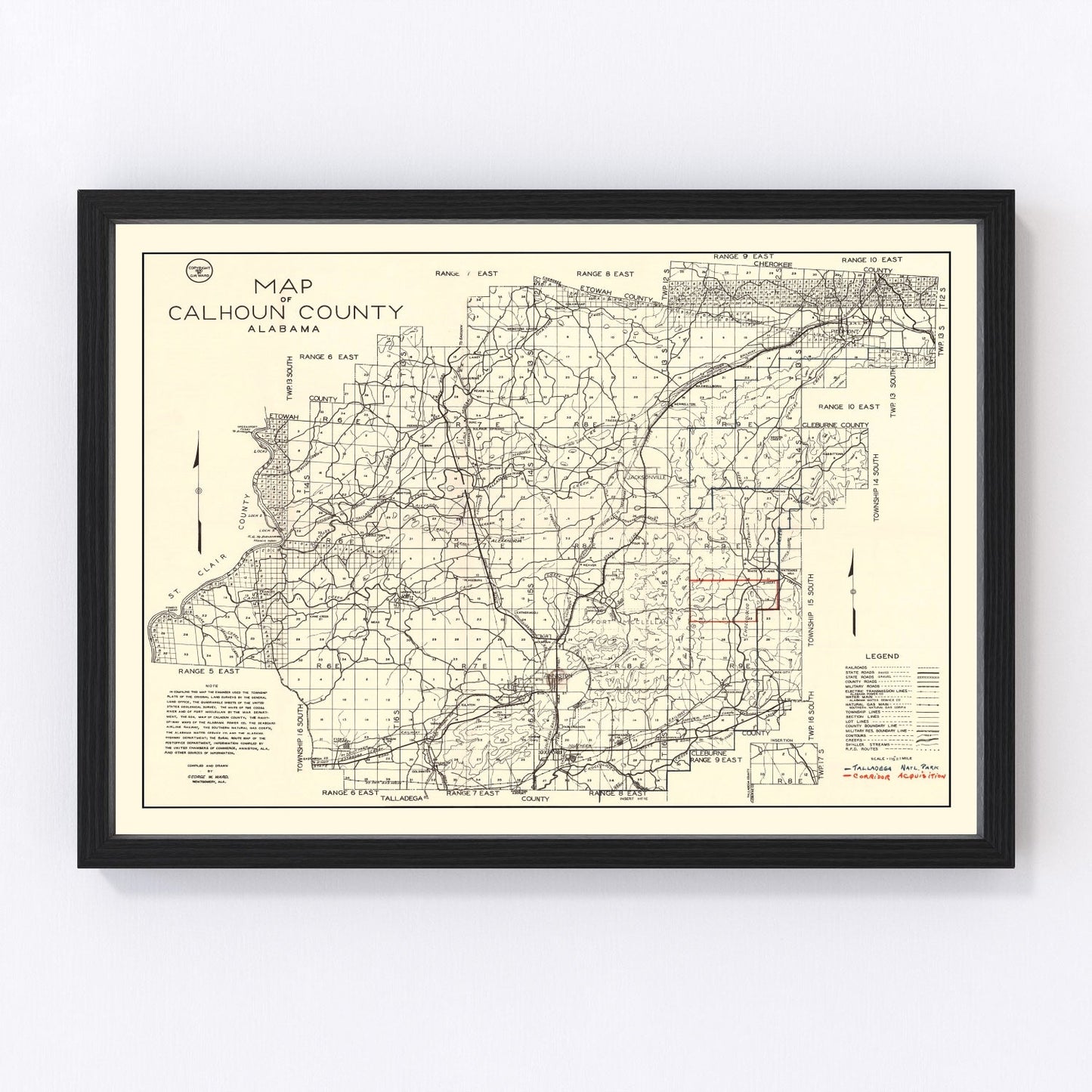 Vintage map of Calhoun County, Alabama, 1930, restored print