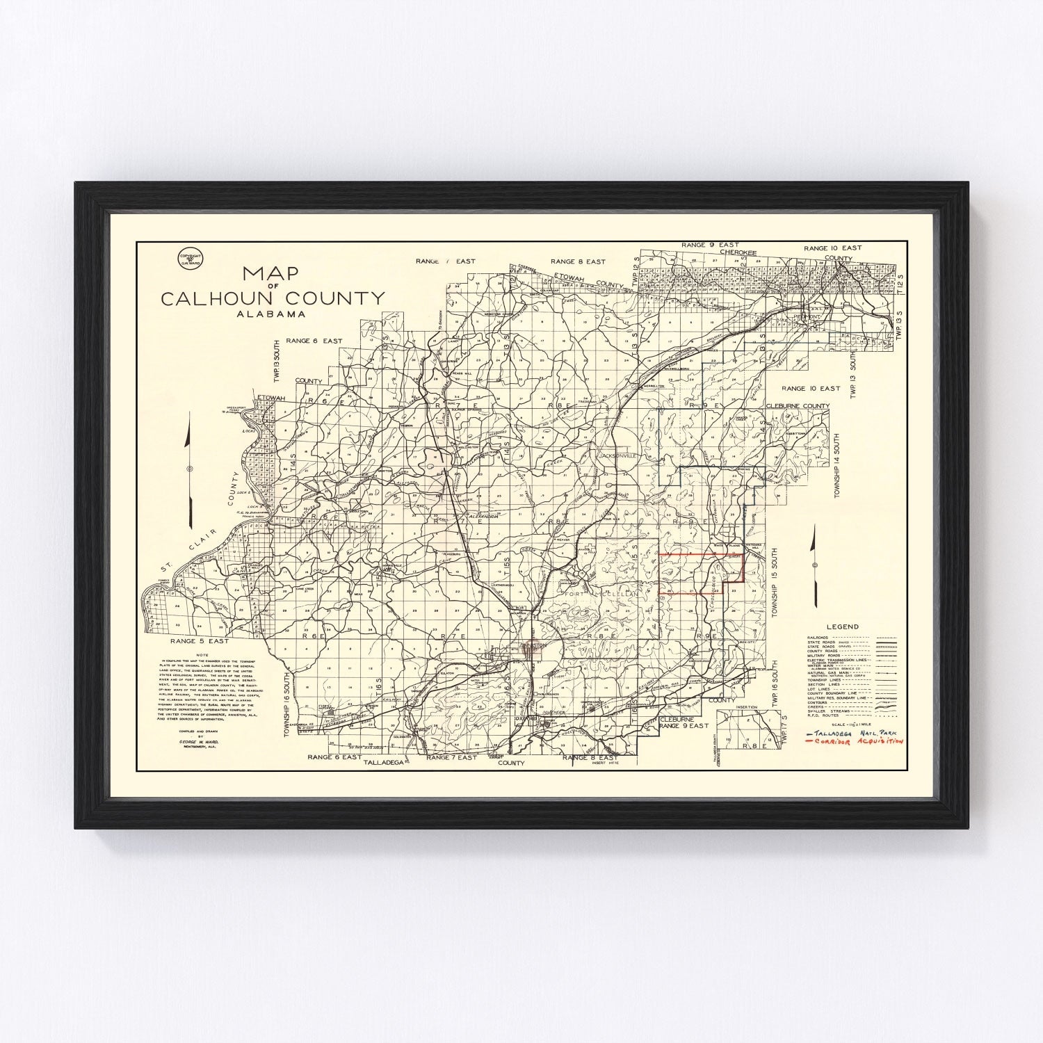 Vintage map of Calhoun County, Alabama, 1930, restored print