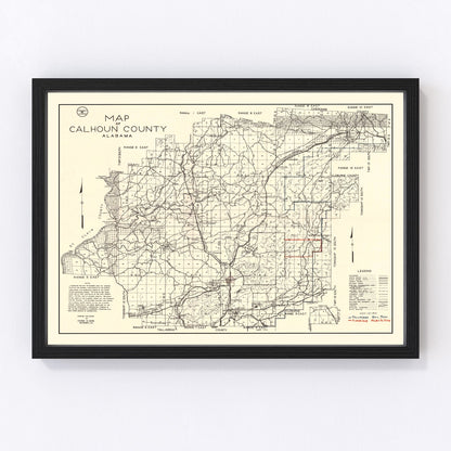 Vintage map of Calhoun County, Alabama, 1930, restored print