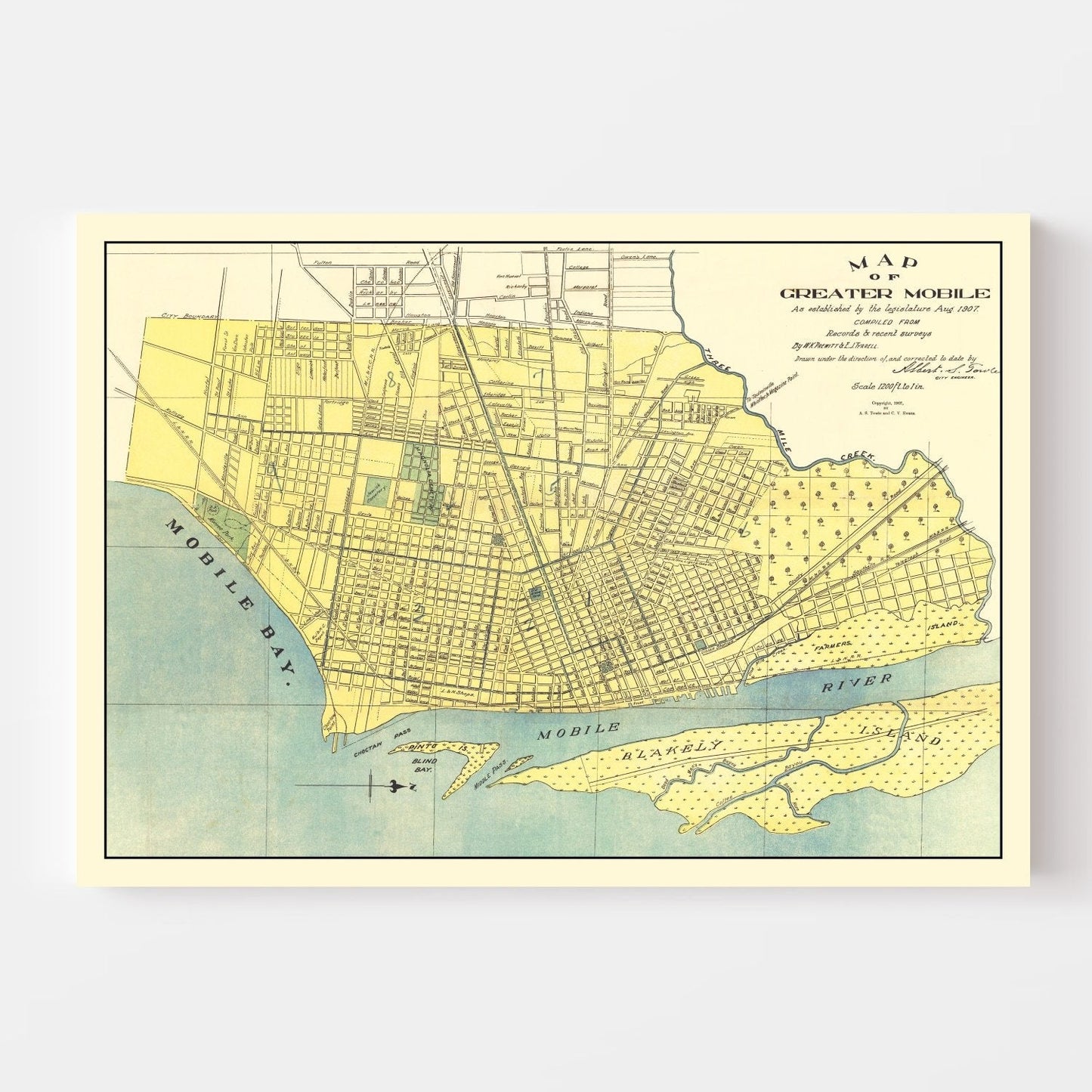 Vintage Map of Mobile, Alabama, 1907