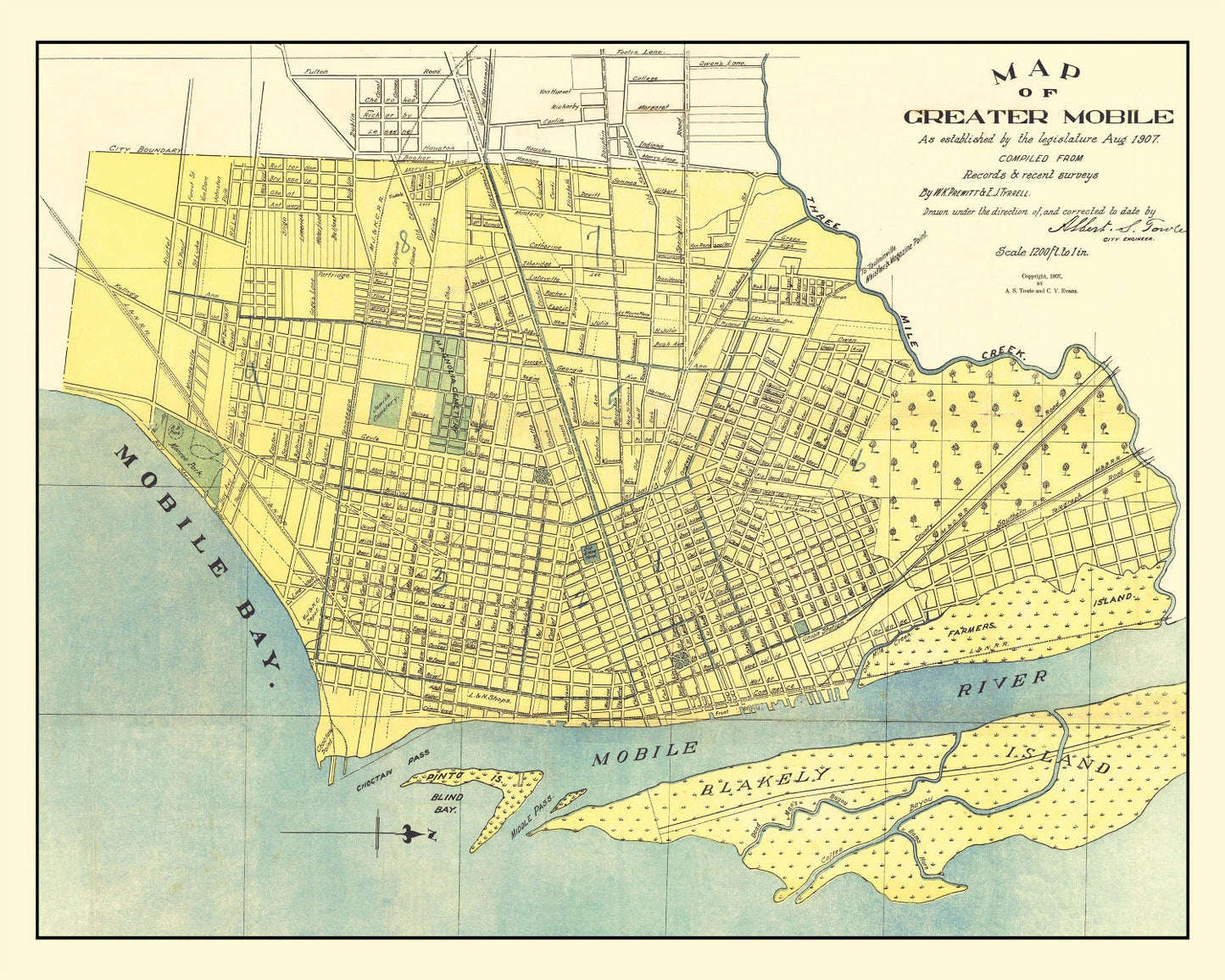 Vintage Map of Mobile, Alabama, 1907