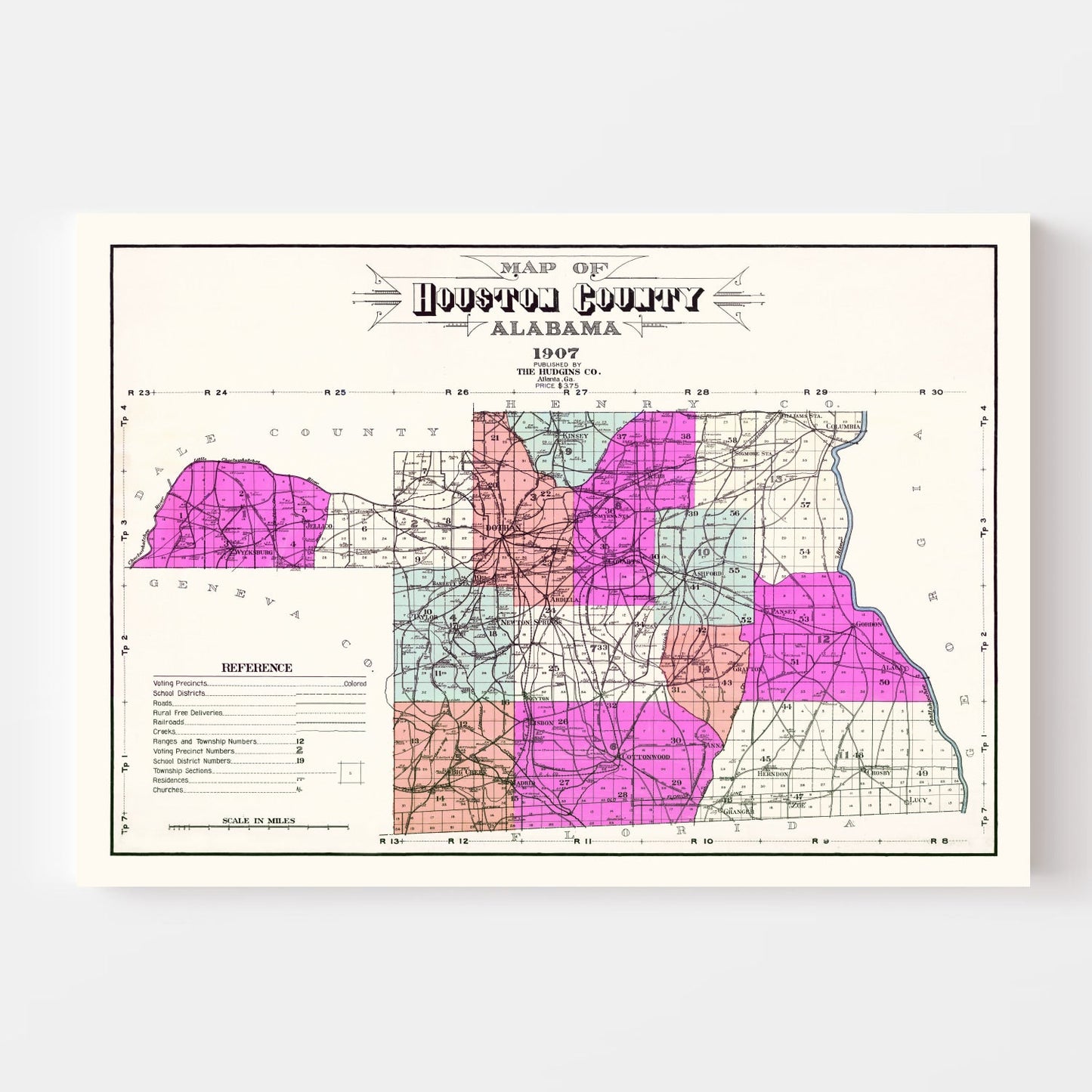 Vintage Map of Houston County, Alabama, 1907