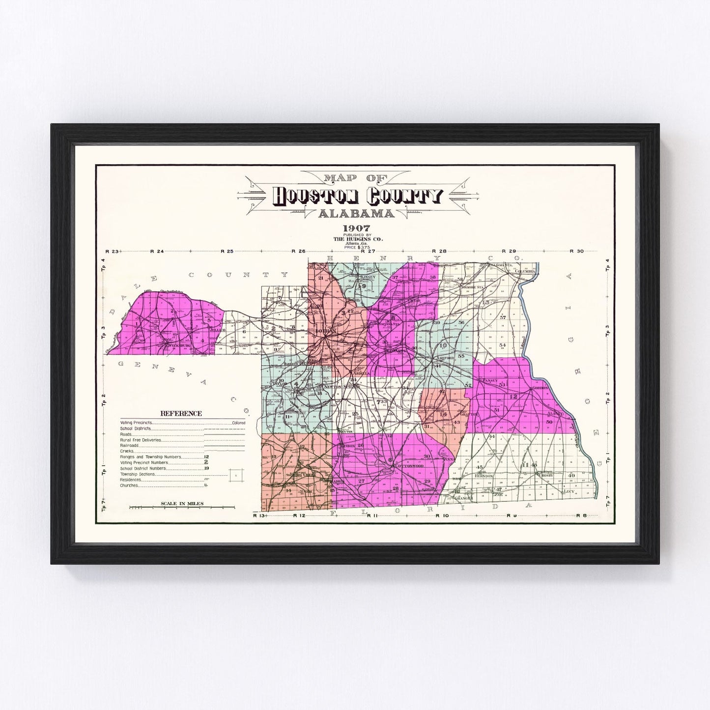 vintage map of Houston County, Alabama, 1907