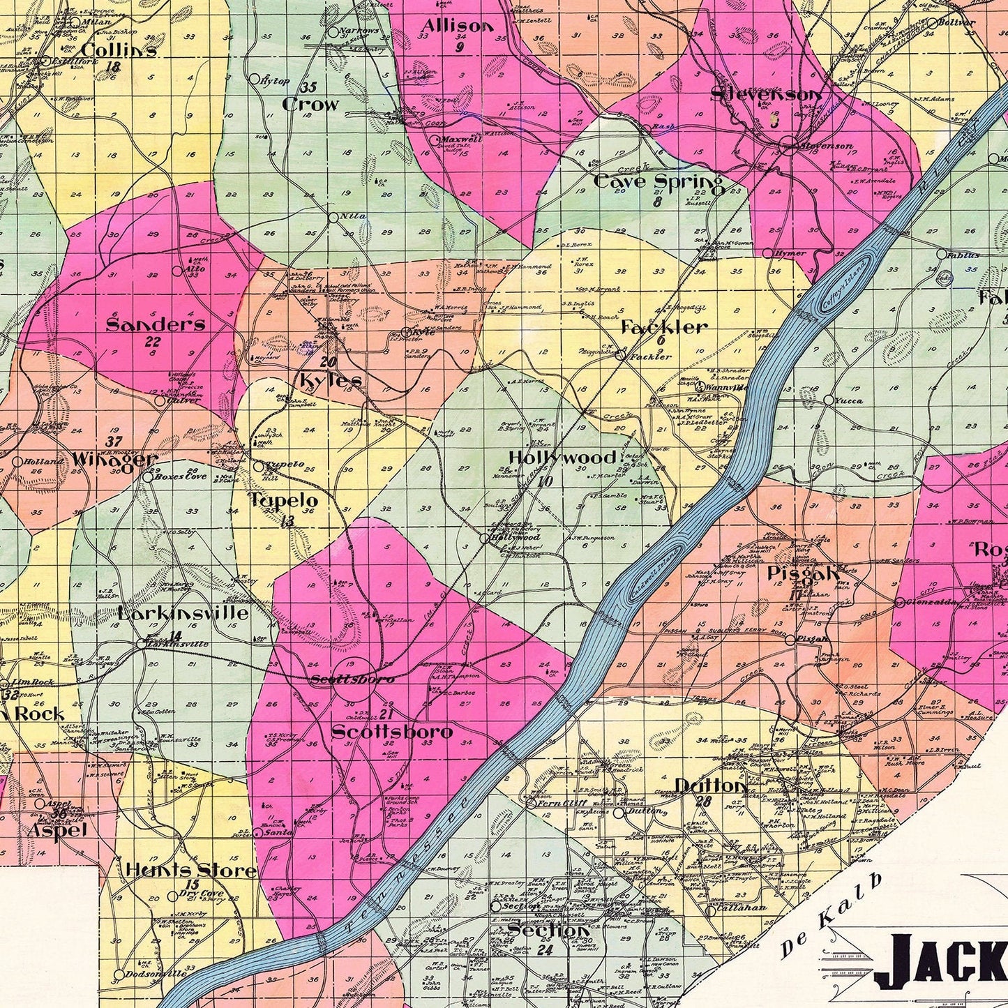 Vintage Map of Jackson County, Alabama, 1907