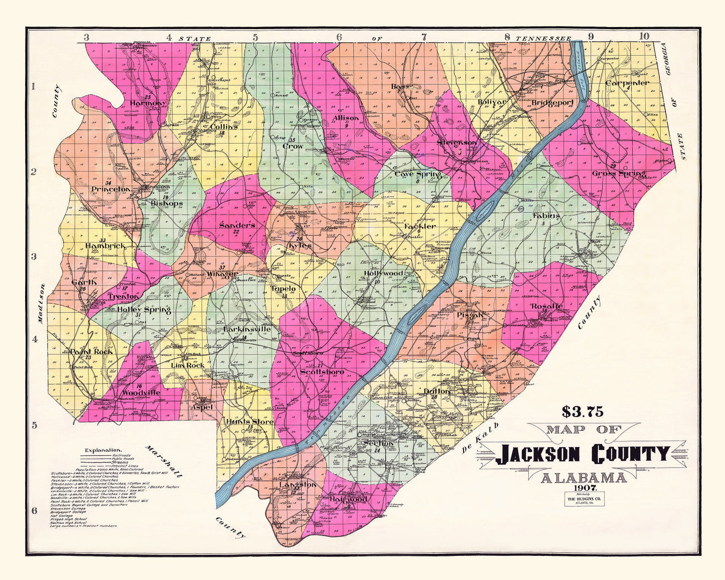 Vintage Map of Jackson County, Alabama, 1907