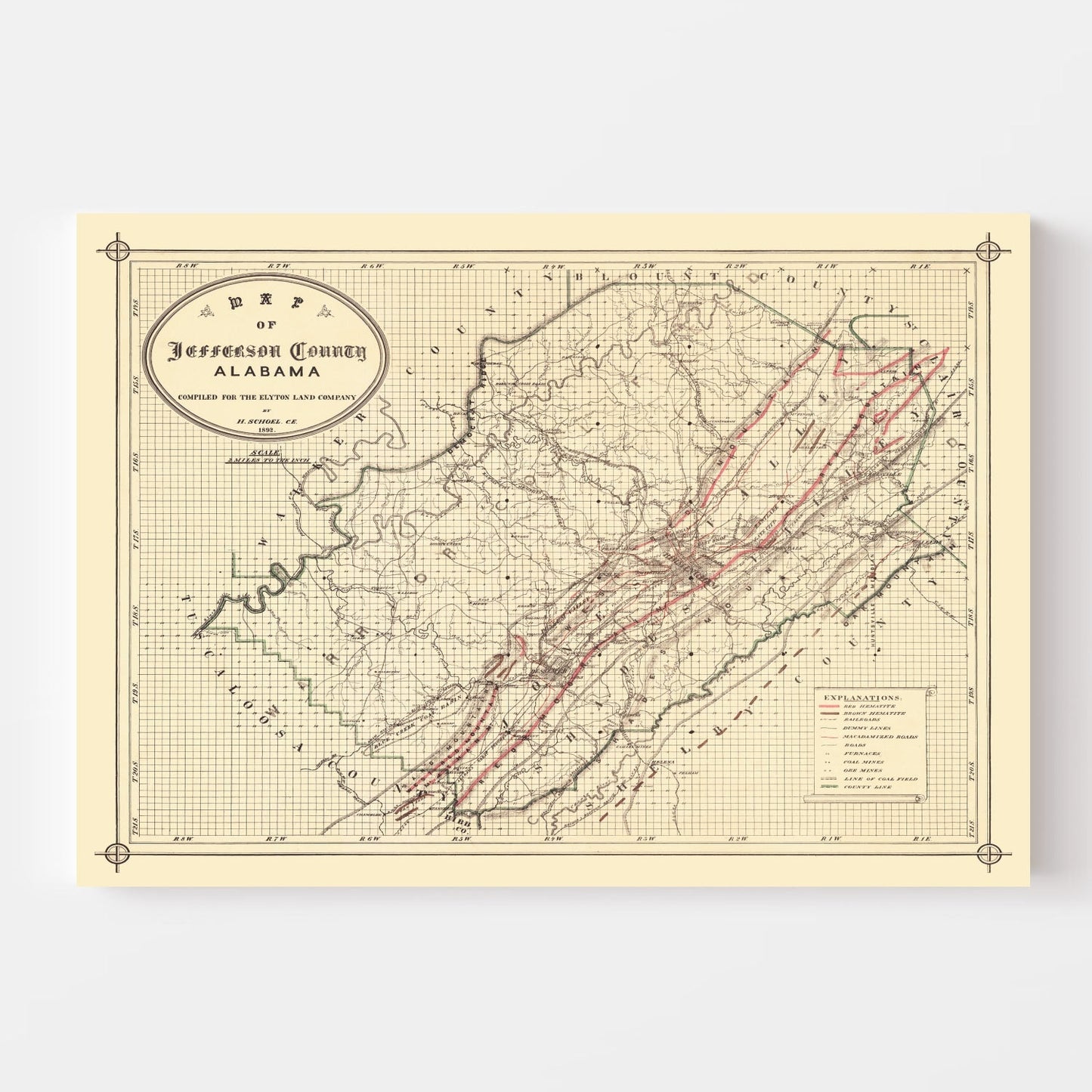 Vintage Map of Jefferson County, Alabama, 1892