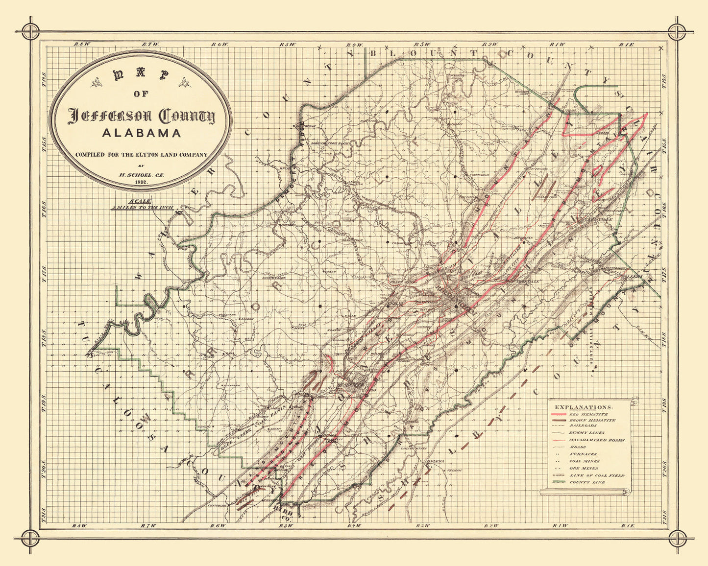 Vintage Map of Jefferson County, Alabama, 1892