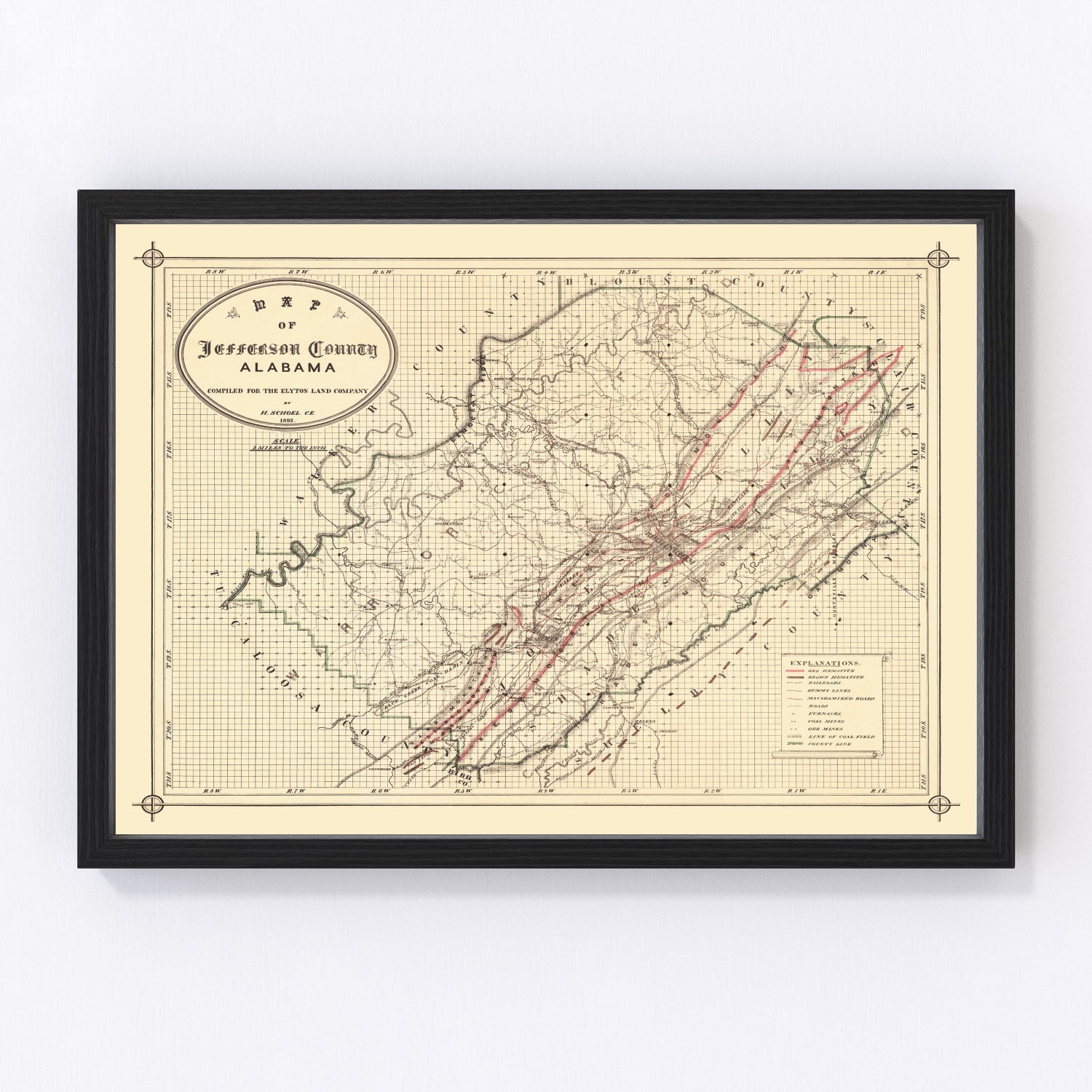 Vintage map of Jefferson County, Alabama, 1892