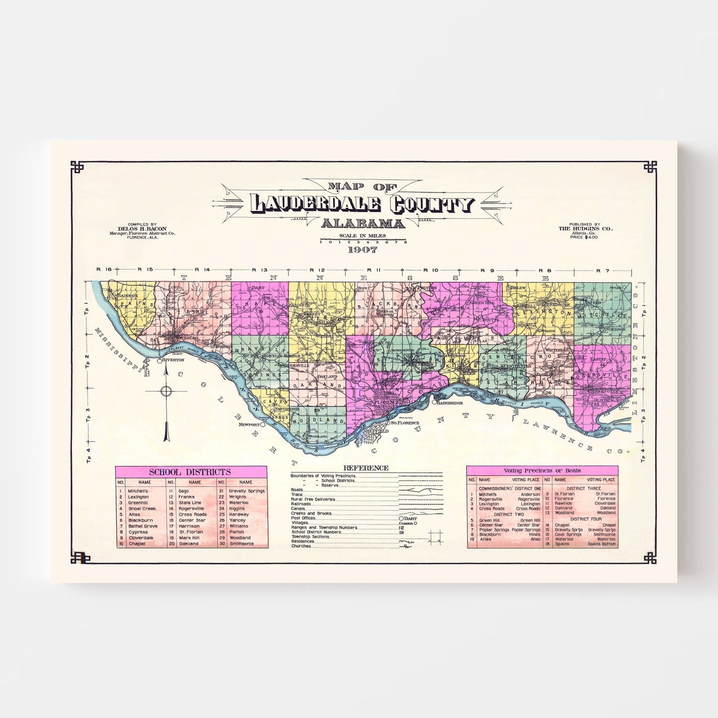 Vintage Map of Lauderdale County, Alabama, 1907