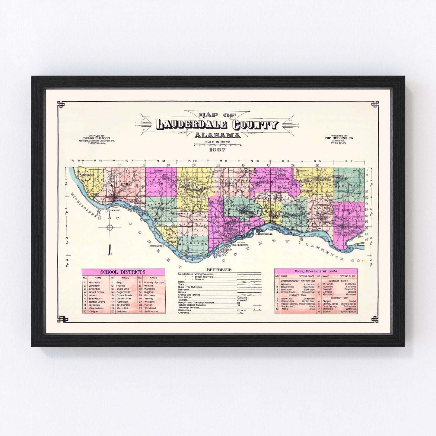 Vintage map of Lauderdale County, Alabama, 1907