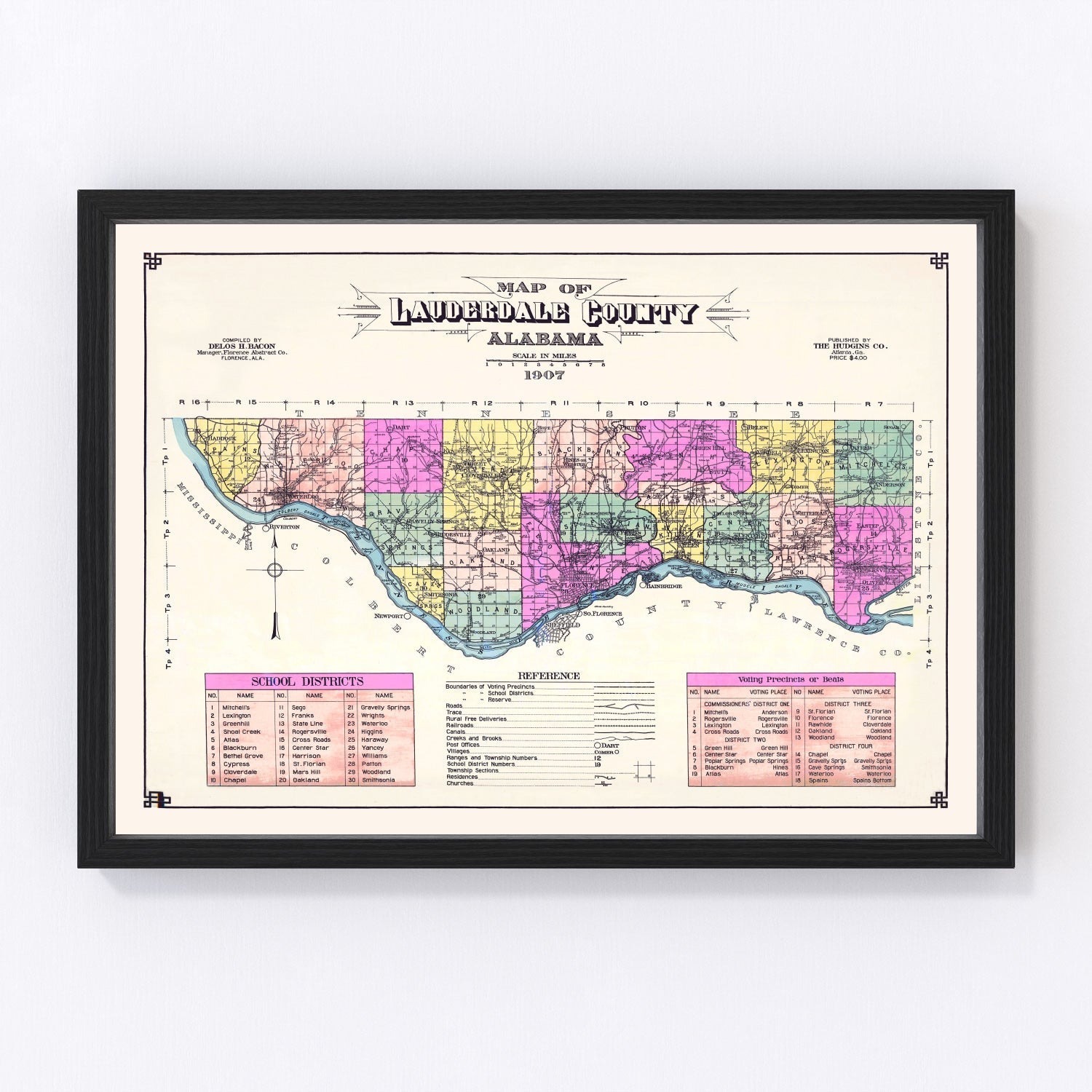 Vintage map of Lauderdale County, Alabama, 1907