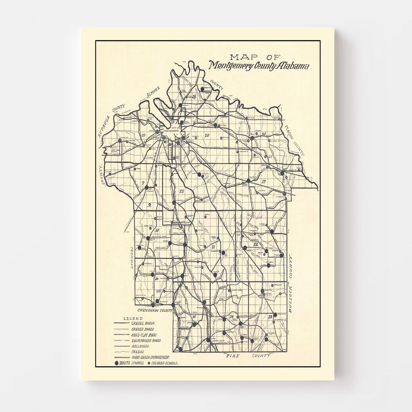 Vintage Map of Montgomery County, Alabama, 1918