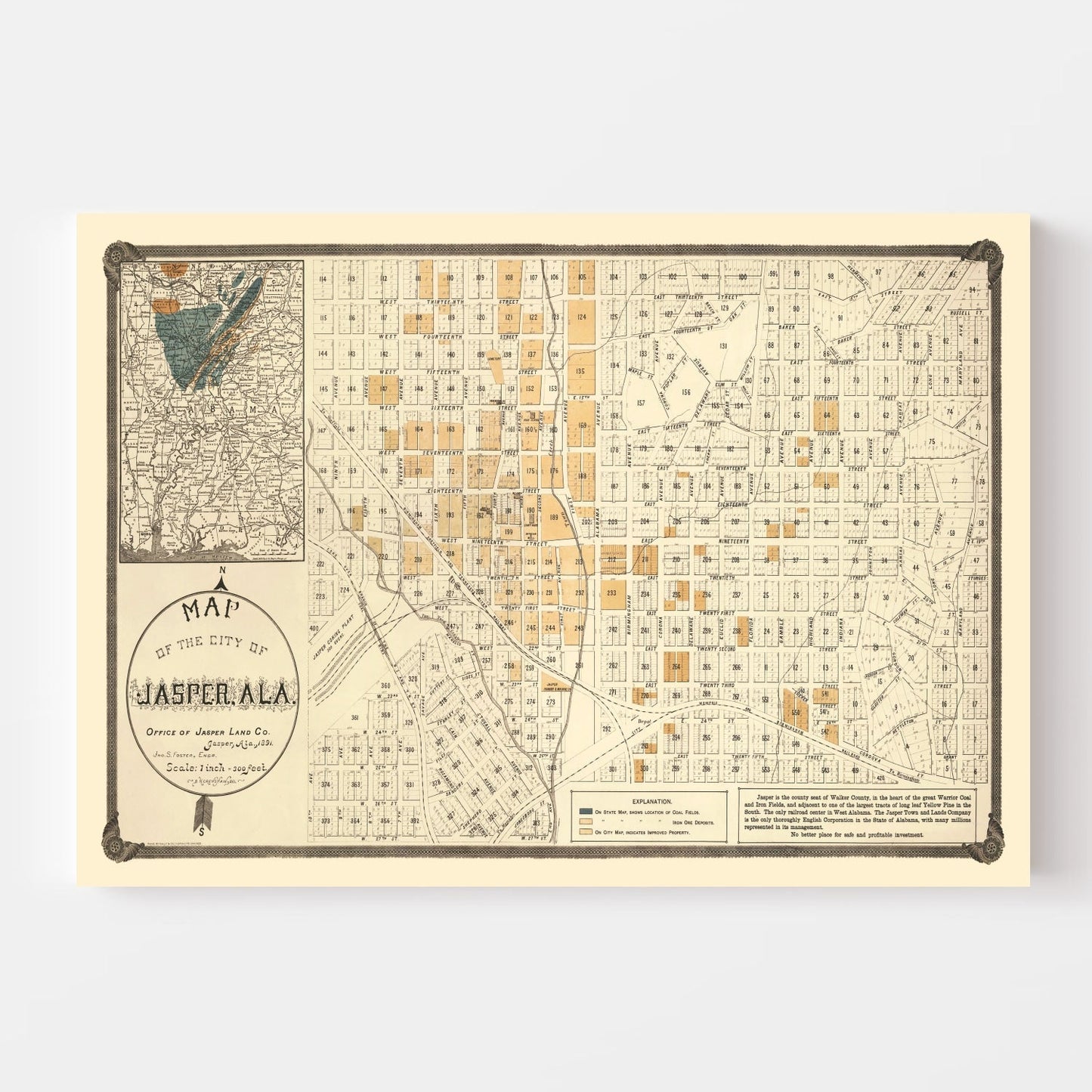Vintage Map of Jasper, Walker County, Alabama, 1891