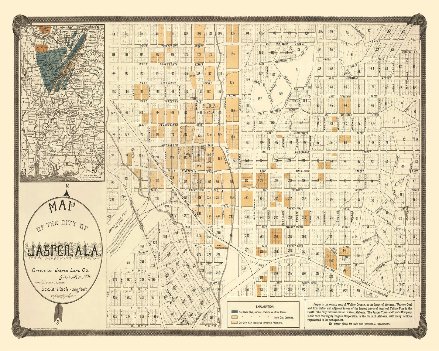 Vintage Map of Jasper, Walker County, Alabama, 1891