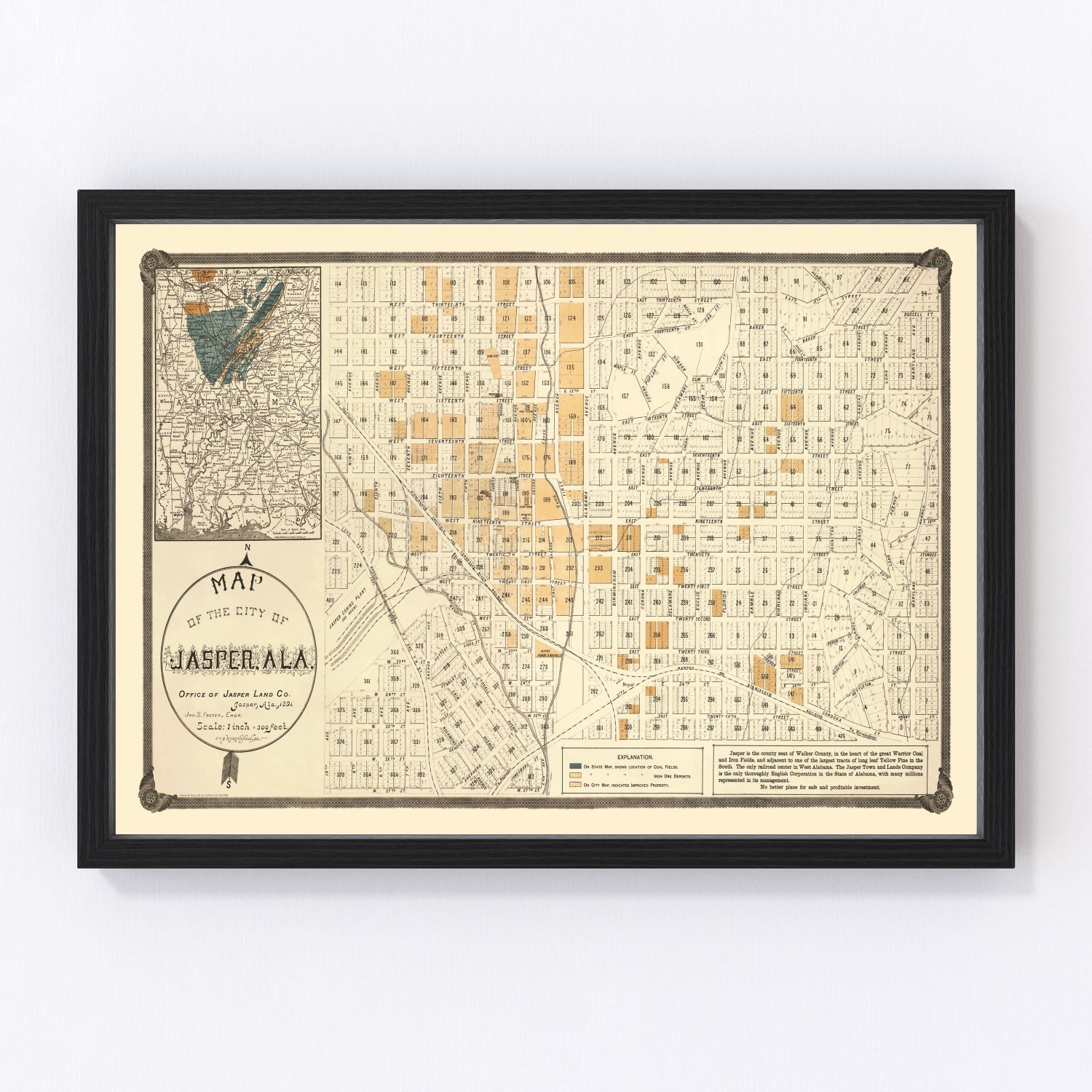 Vintage map of Jasper, Alabama, 1891