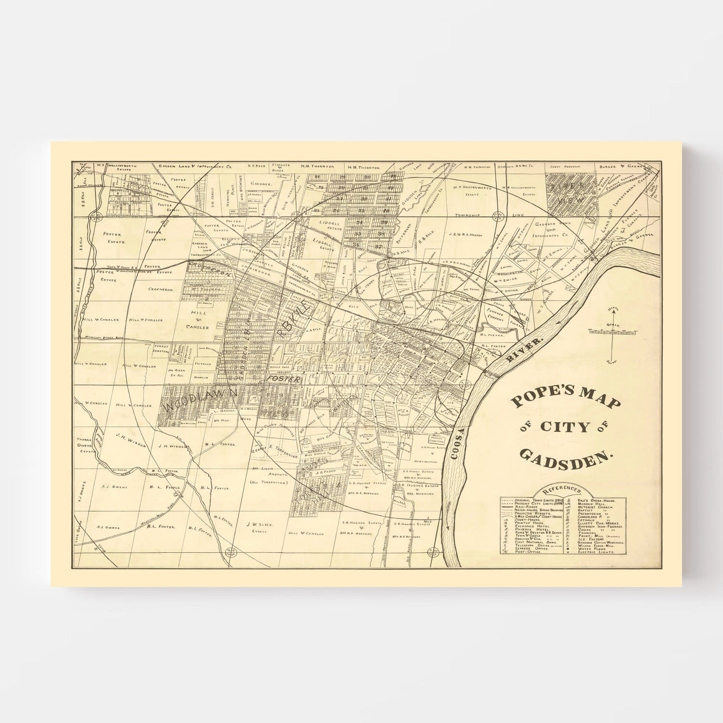 Vintage Map of Gadsden, Alabama, 1888