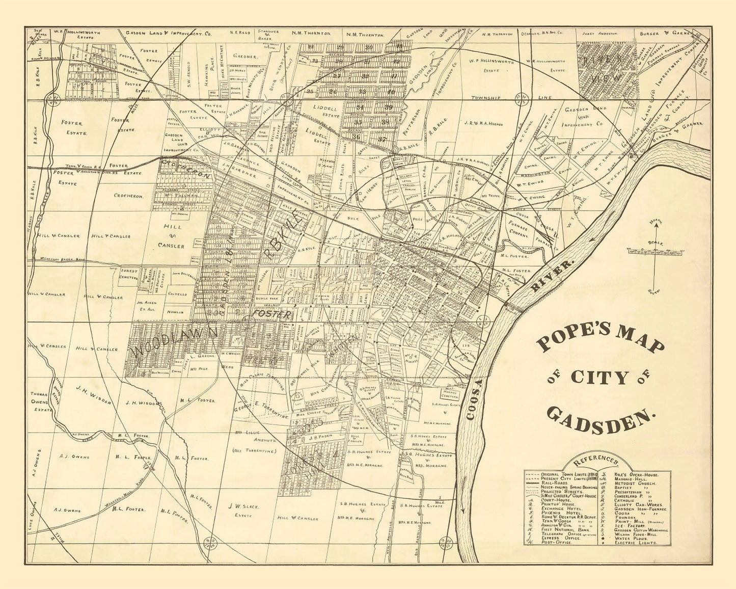 Vintage Map of Gadsden, Alabama, 1888