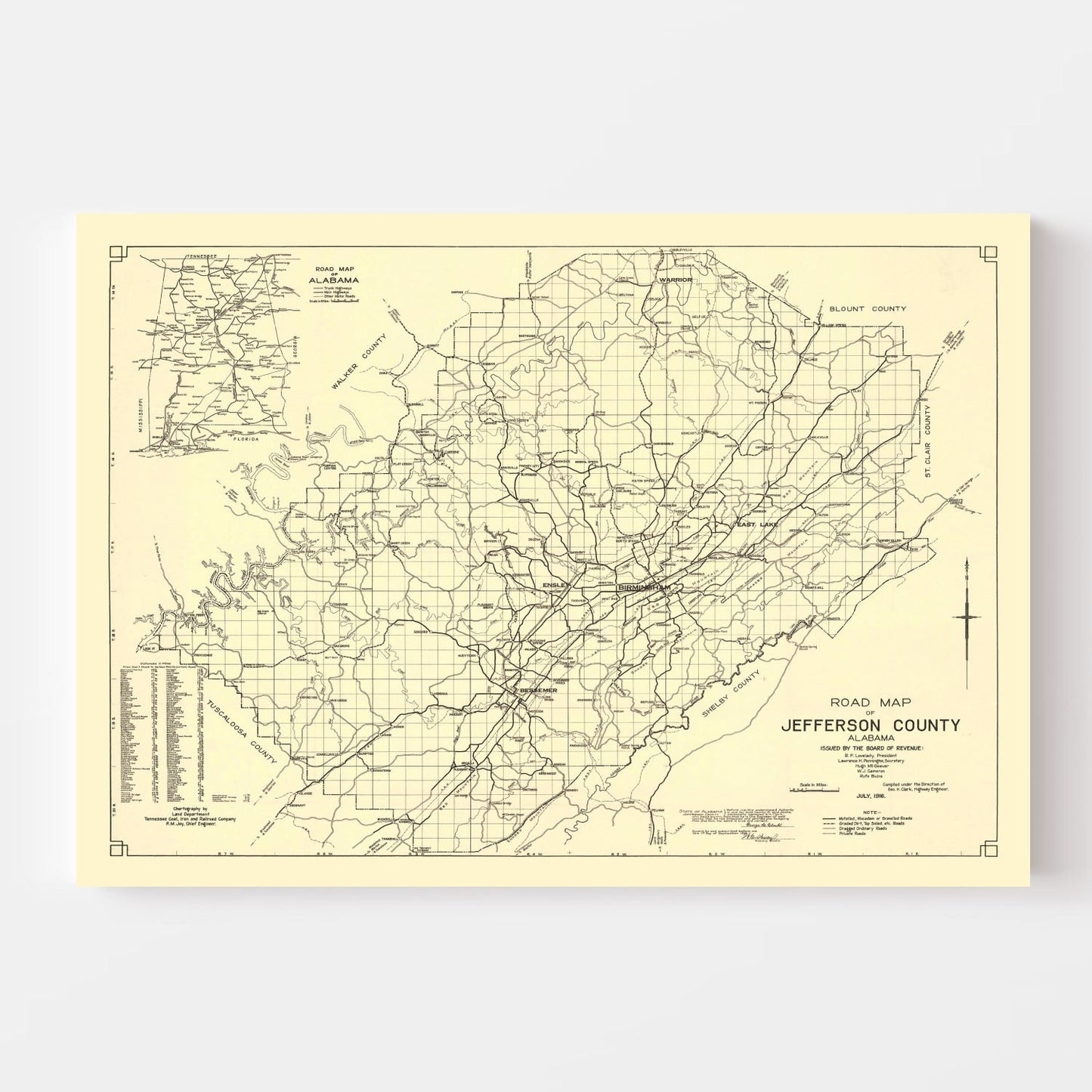 Vintage Map of Jefferson County, Alabama, 1916