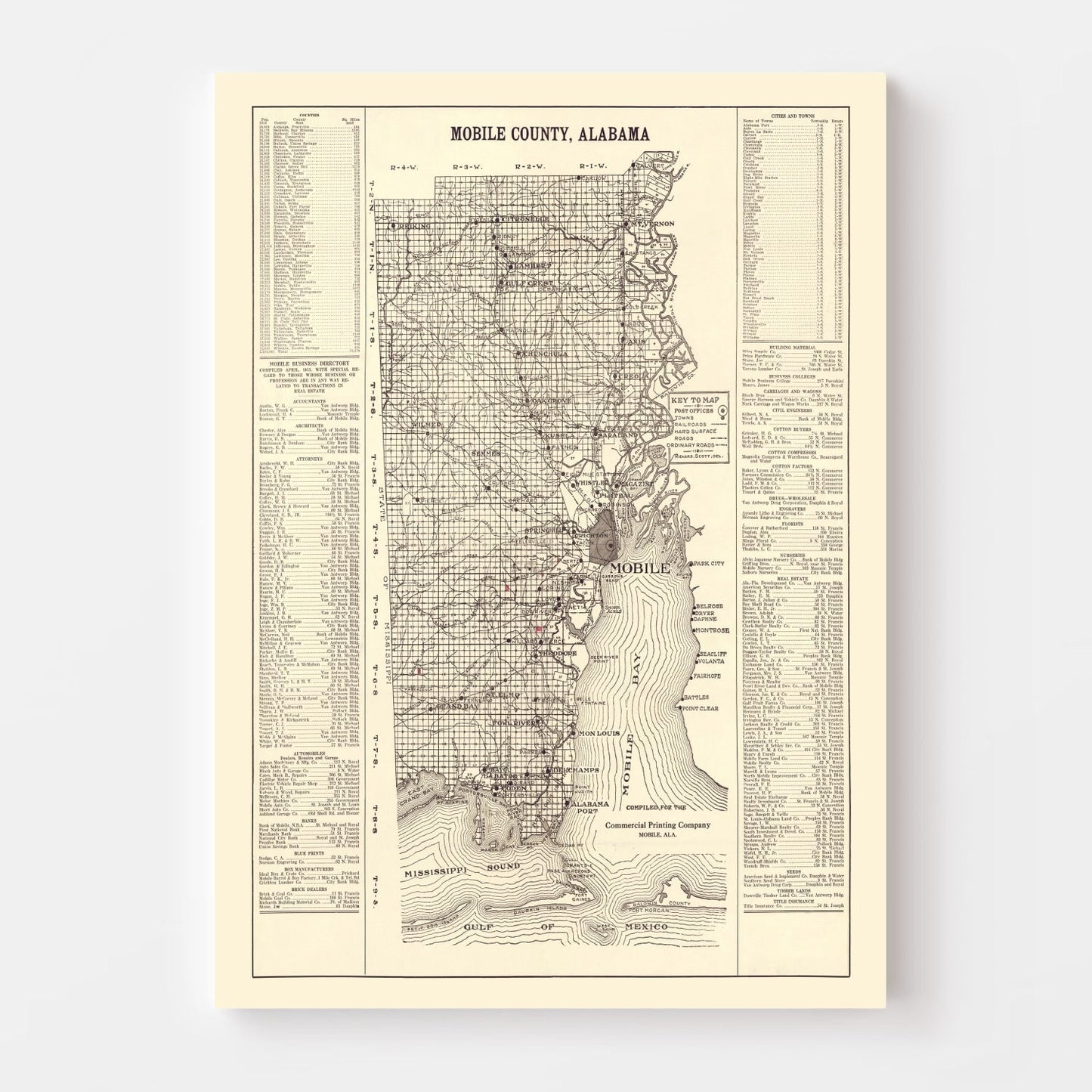 Vintage Map of Mobile County, Alabama, 1915