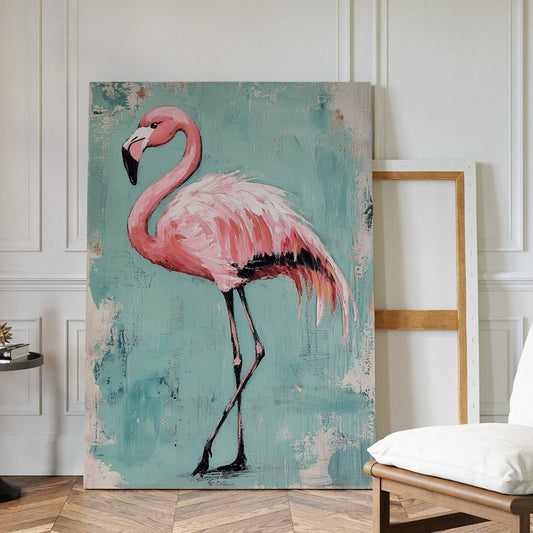 Flamingo wall art print in pink against a rustic teal background