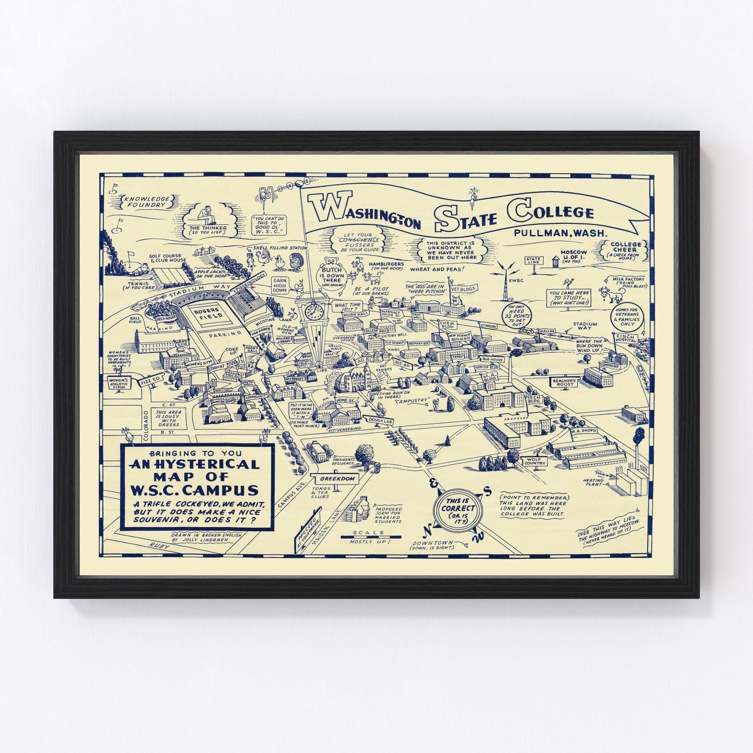 Vintage map of Washington State University campus, Pullman WA, 1946 - restored print