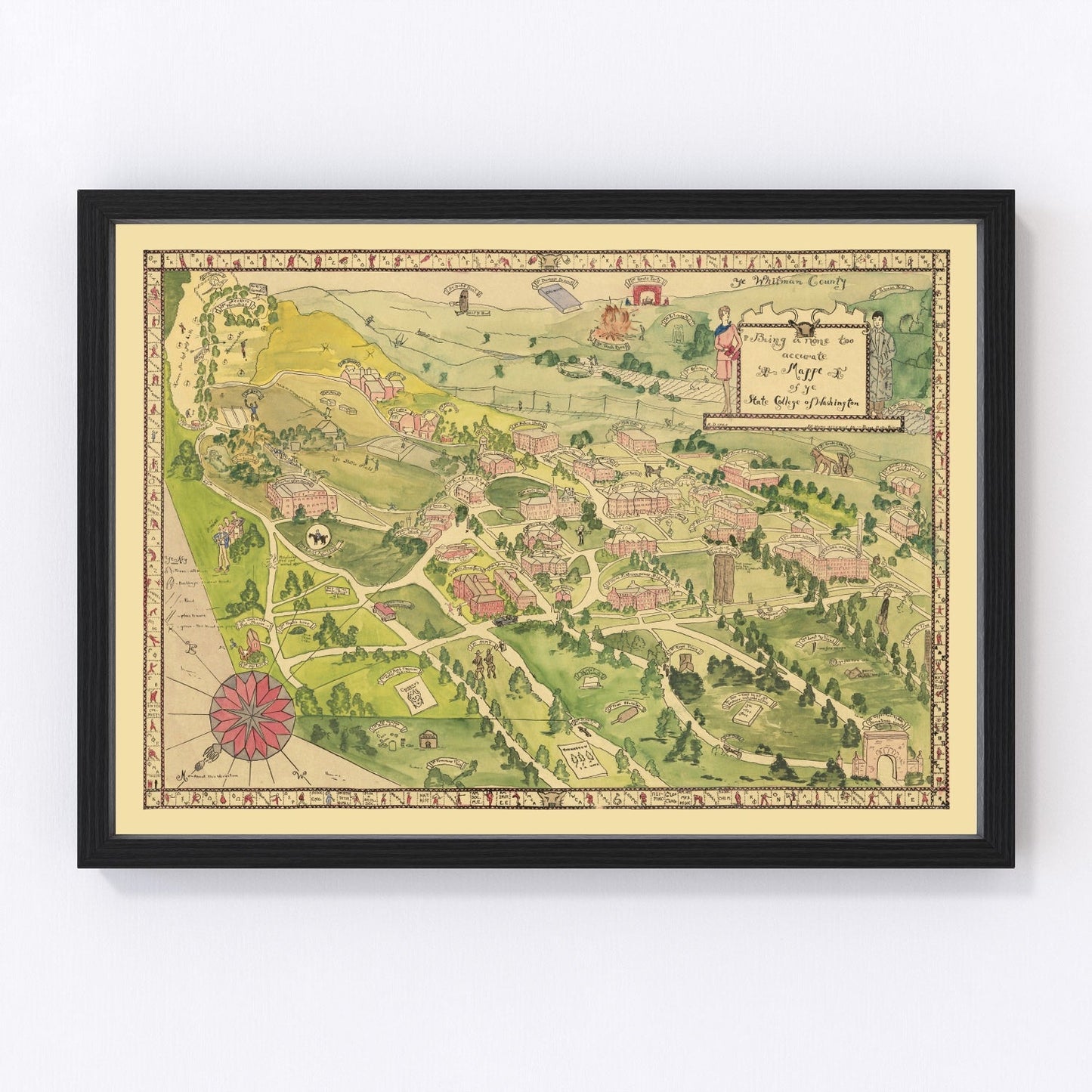 Vintage map of Washington State University campus, Pullman WA, 1928 - restored print