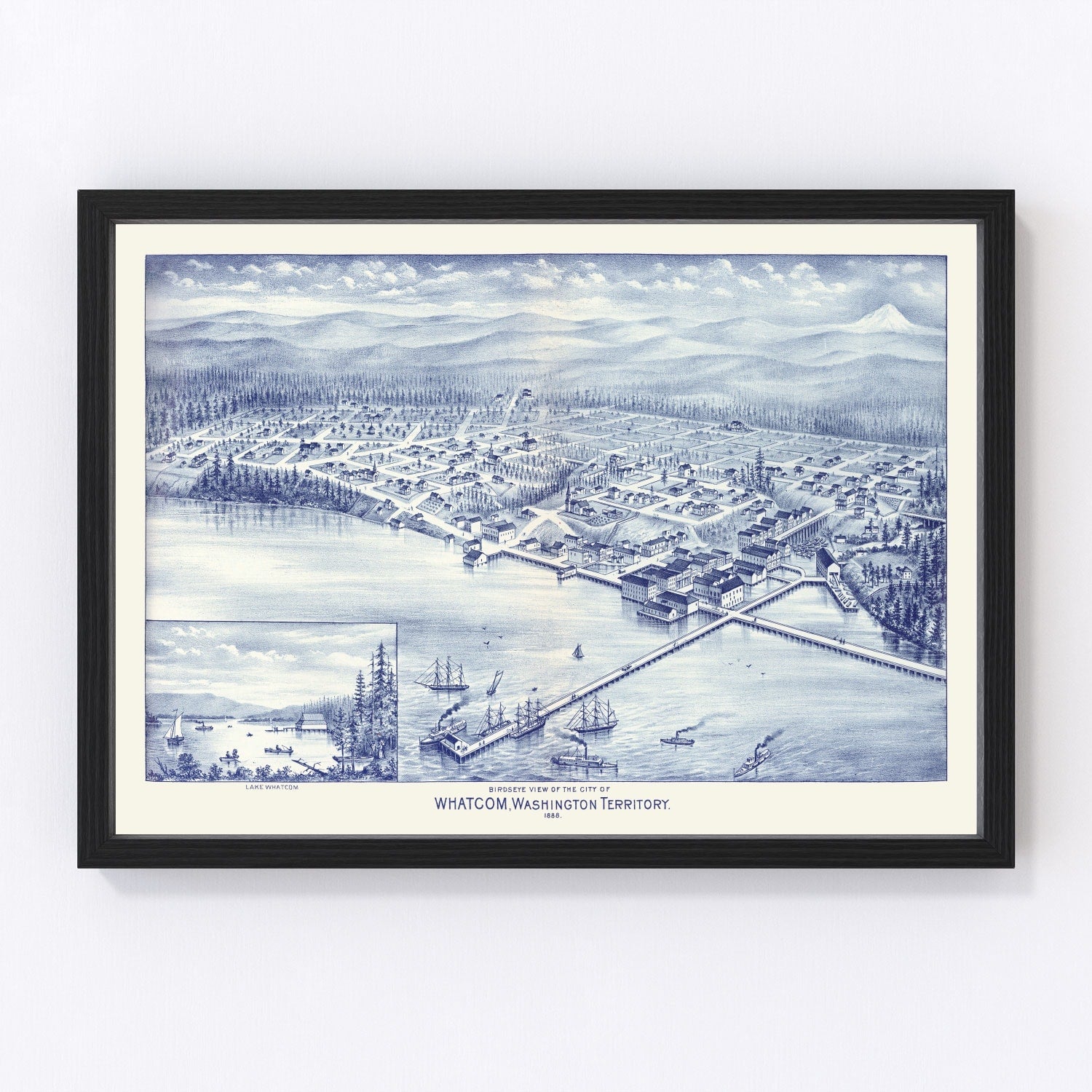 Vintage map of Whatcom, Washington, 1889, Puget Sound statehood year settlement