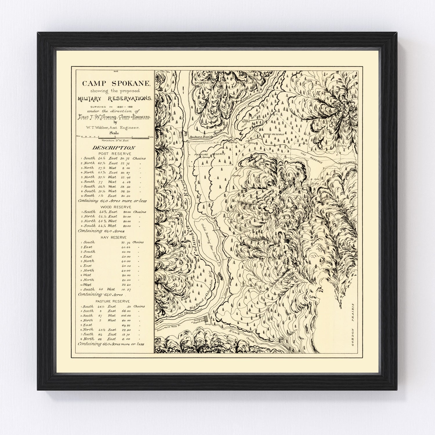 Vintage map of Camp Spokane, Washington, 1882, digitally restored antique cartographic print