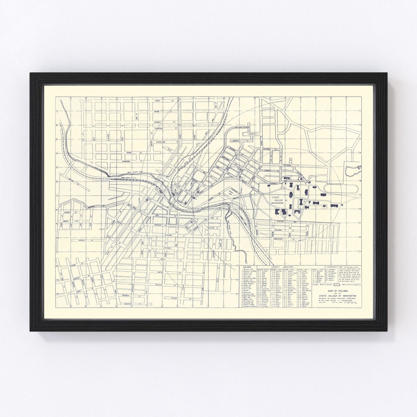 Vintage map of Washington State University campus, Pullman WA, 1920 - restored print