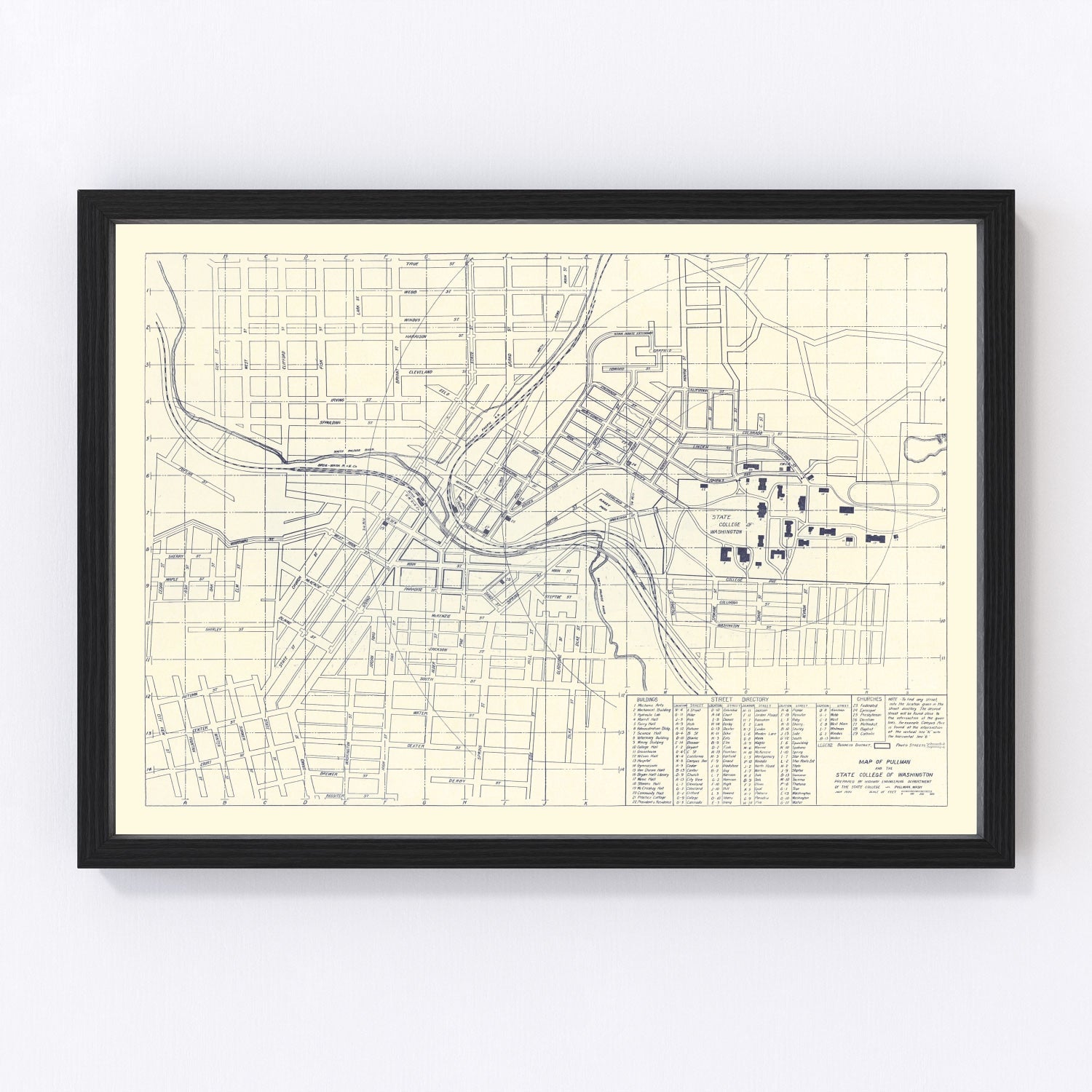 Vintage map of Washington State University campus, Pullman WA, 1920 - restored print