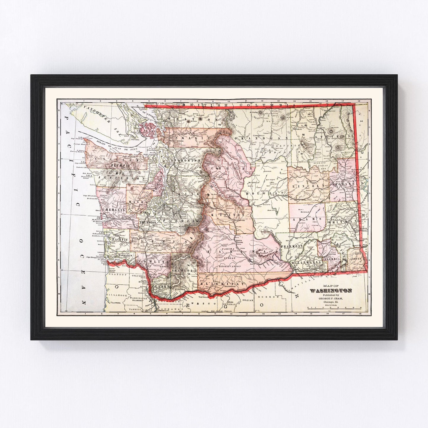 Vintage map of Washington State, 1904, showing Pacific Northwest counties and early 20th-century cities
