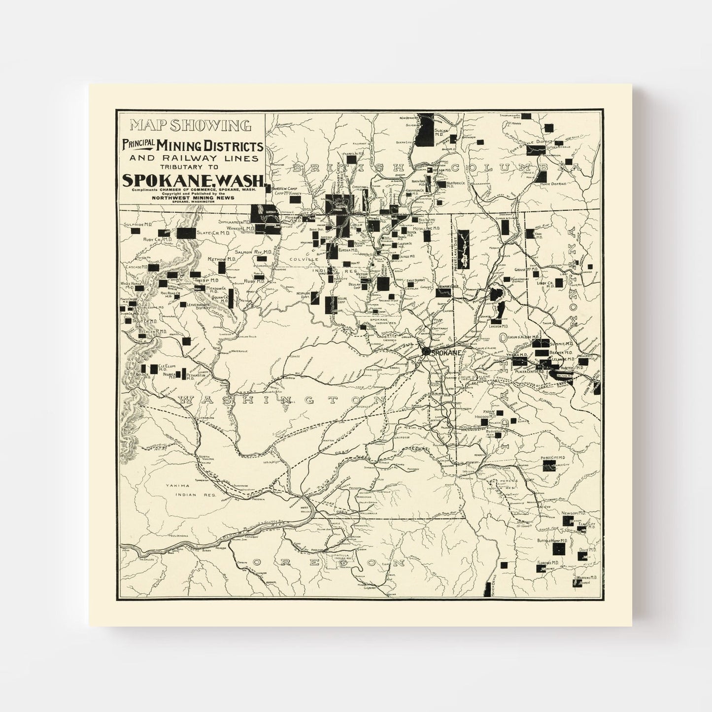 Vintage Map of Spokane Mining Districts, Washington, 1909